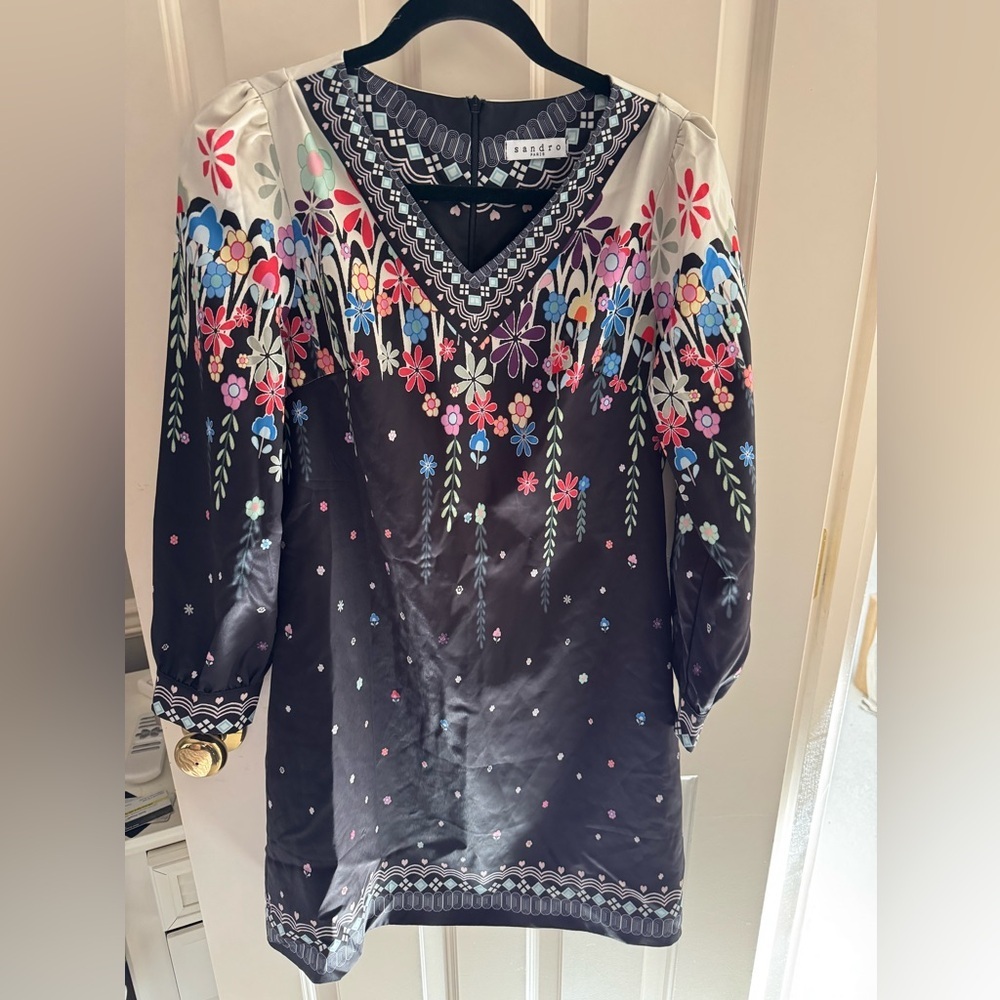 Sandro Black Floral V-Neck Tunic Dress with Multicolor Embroidery